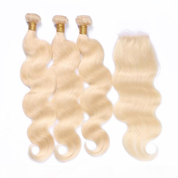 

9a grade 3 bundles hair weave with part 4*4inch lace closure color 613# blonde brazilian human hair body wave extensions, Black