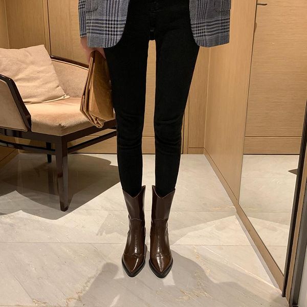 

boots 2021 autumn and winter western cowboy horse oil leather short pointed toe all-match single product, Black
