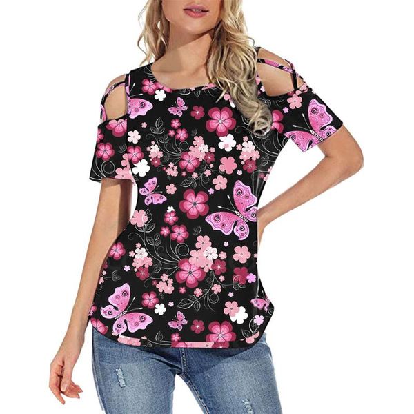 

women's t-shirt non-positioning printed round neck short-sleeved off-the-shoulder cold shoulder hollow out sleeve floral, White