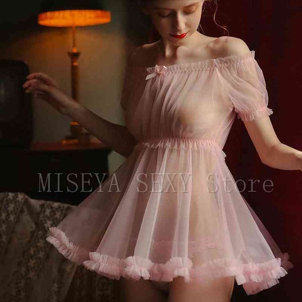 

short sleeve slash neck ruffle bow mesh gauze sheer with shorts woman night sleepwear lingerie set home clothes, Black;red