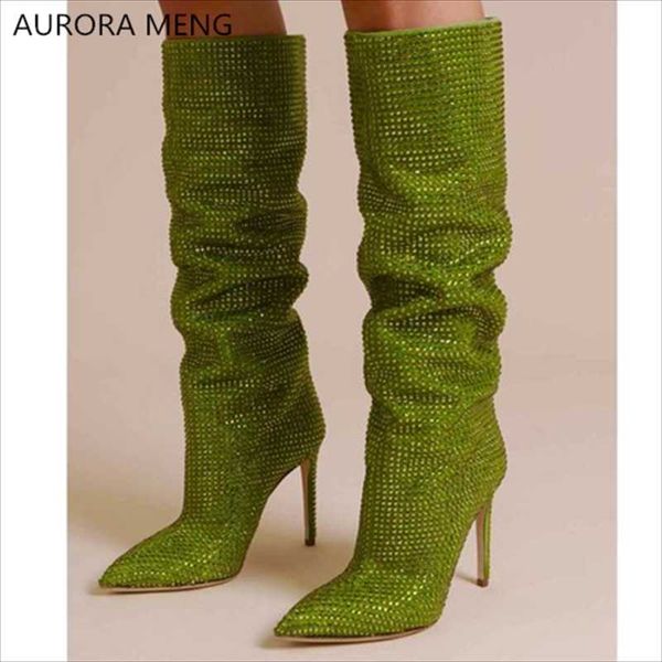 

boots 2021 women's fashion knee high crystal rhinestone runway shoes pointed toe thin heels ladies party long booties, Black