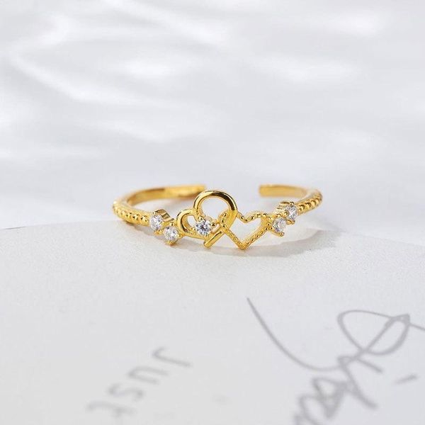 

cluster rings 100% 925 sterling silver gold plated cz diamond crystal hollowed out heart shape open ring for women young girl gifts adjustab, Golden;silver
