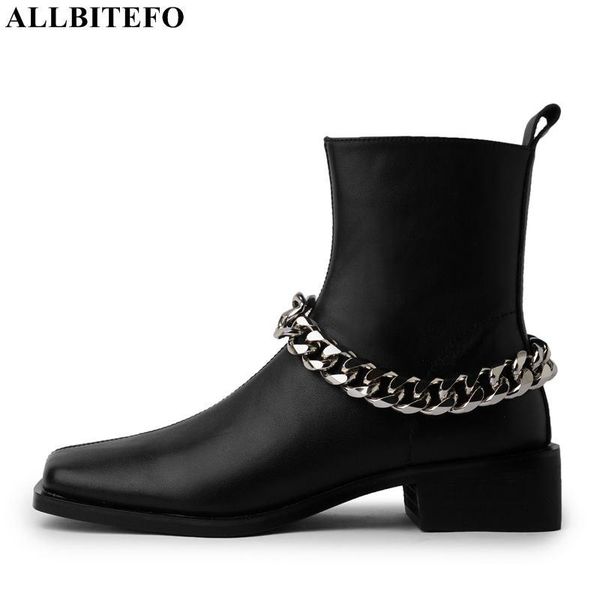 

boots allbitefo chain design square toe soft genuine leather women motocycle autumn fashion street shoes girls ankle, Black