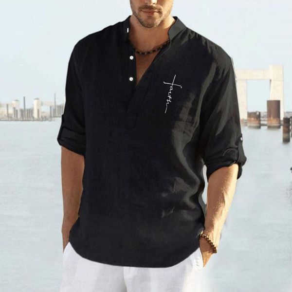 

men's casual shirts fashion letter embroidery solid spring summer mens cotton linen shirt men loose button stand collar pullover, White;black