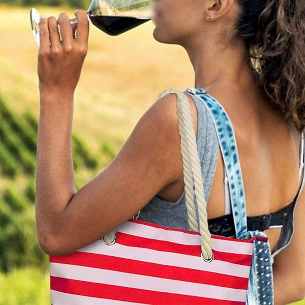 

storage bags beach wine purse portable heat insulation stripe tote bag compartment blue/red multifunction with