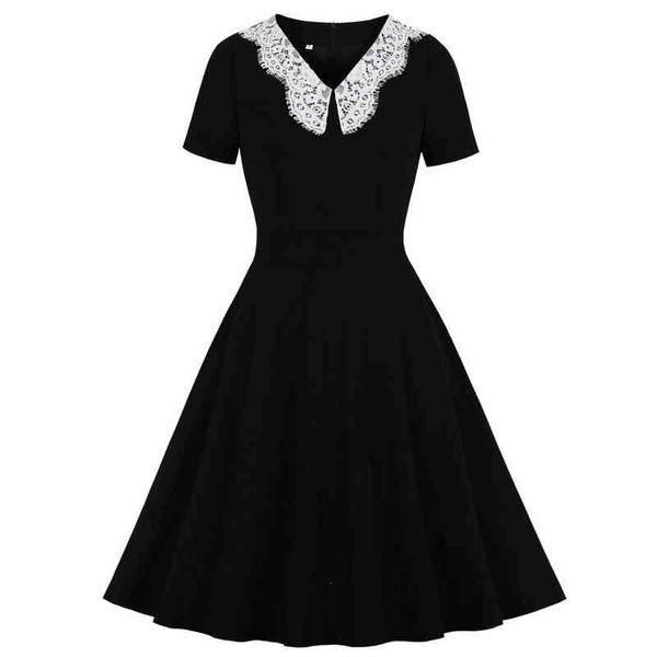 Robe Femme кружева черное летнее платье 2021 v воротник с коротким рукавом ретро женщины 50s 60s старинные платья рокабилли вечеринка платье качание Y1204