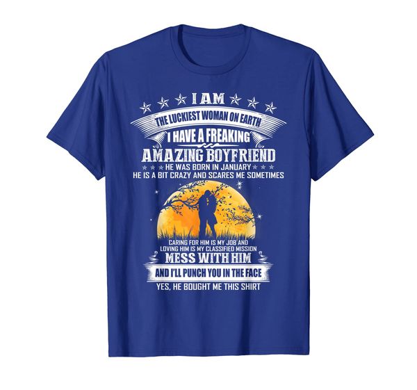 

i am the luckiest woman on earth of a january boyfriend tee, White;black