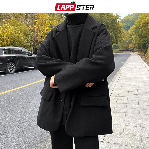

lappster winter black trench coat men 2021 mens korean fashions wool coat male flannl japan style oversized button overcoat
