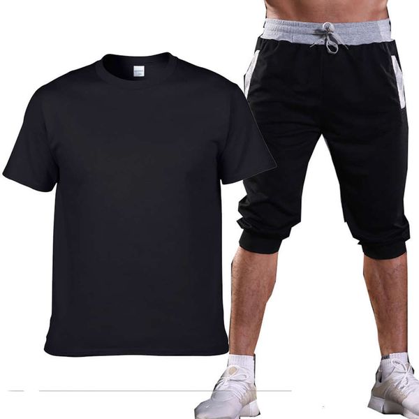 

fashion printed men's short sleeve + capris loose cotton sports casual suit, Gray