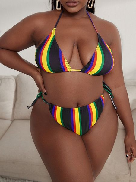 

plus striped triangle thong bikini swimsuit 15k6#, Black
