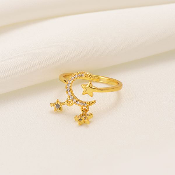 Crescent Moon Star Anel Amarelo 18k Fina Sólida Ouro Cheio Banda Novo Celestial Night Sky Vintage Triple Goddess Pentacle CZ