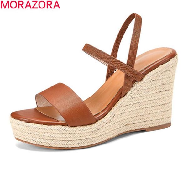 

sandals morazora 2021 summer genuine leather women fashion wedges platform party shoes high heels ladies apricot, Black
