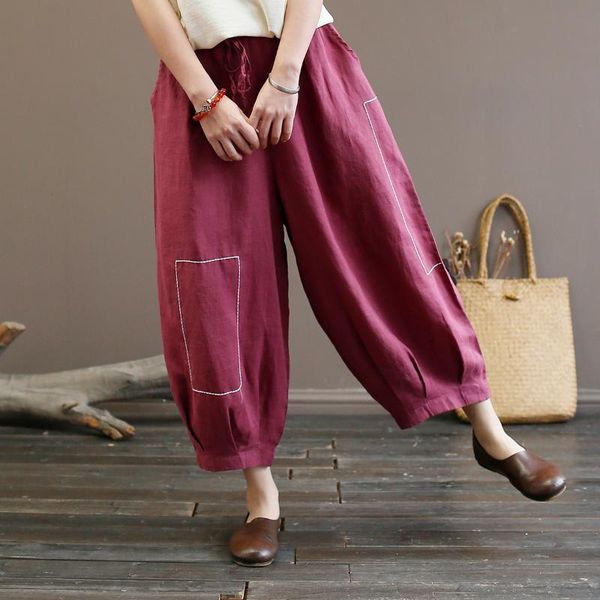 

women's pants & capris women elastic waist summer knickerbockers ladies loose ramie vintage 2021 trousers female retro, Black;white