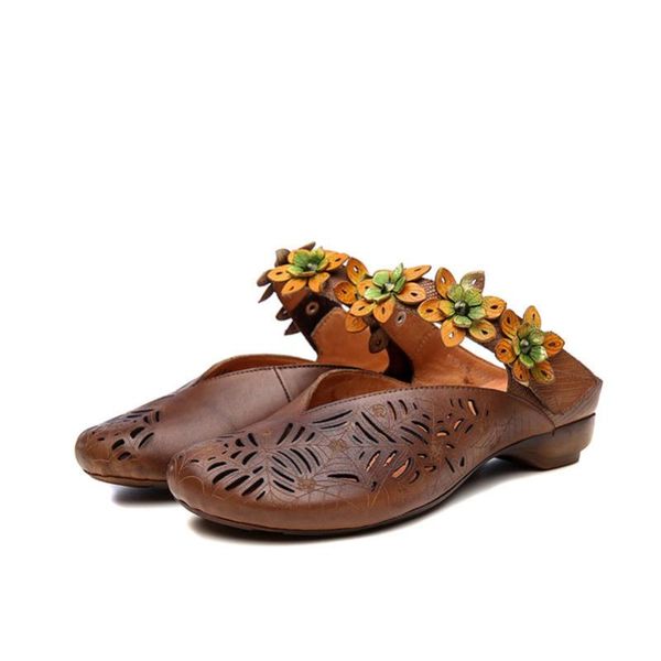 

slippers yourseason 2021 autumn summer genuine leather women sewing outside slides flat with ladies flower retro sandals, Black