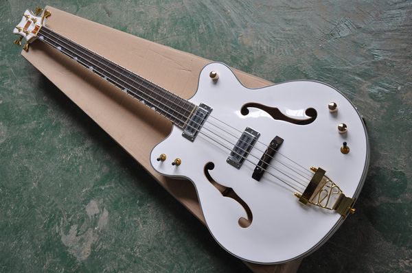 Fábrica Custom White Body 4 Strings Semi-Hollow Electric Bass Guitar com Ouro Encadernação e Hardware, Fornecer serviços personalizados