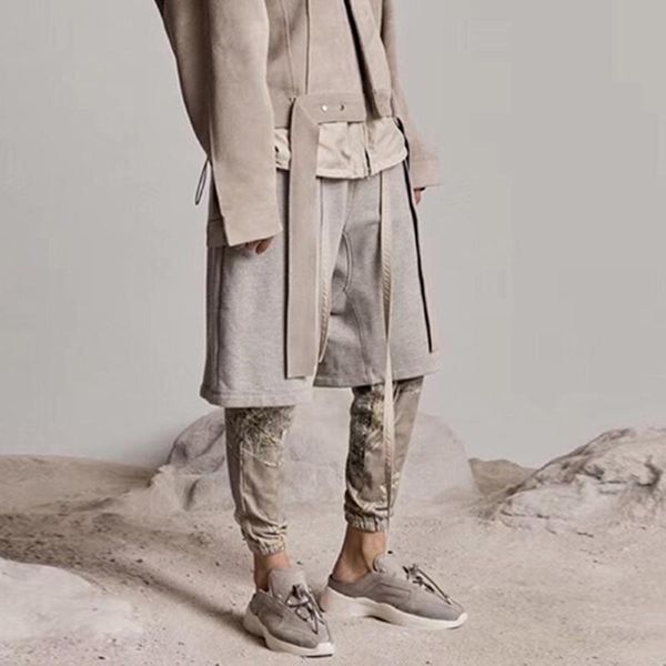 

high street ribbons casual summer shorts men elastic waist solid color oversize five point pants hip hop loose knee length pants, White;black