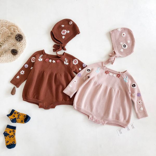 

knitted baby clothes embroidery newborn baby romper cotton infant jumpsuit autumn longsleeve baby girl clothes with hat overalls, Blue
