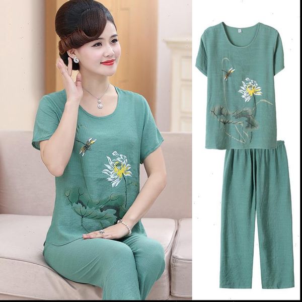 

2pcs set fashion middle age women short sleeve wide leg pants twinset mother clothing summer loose cotton linen set, Gray