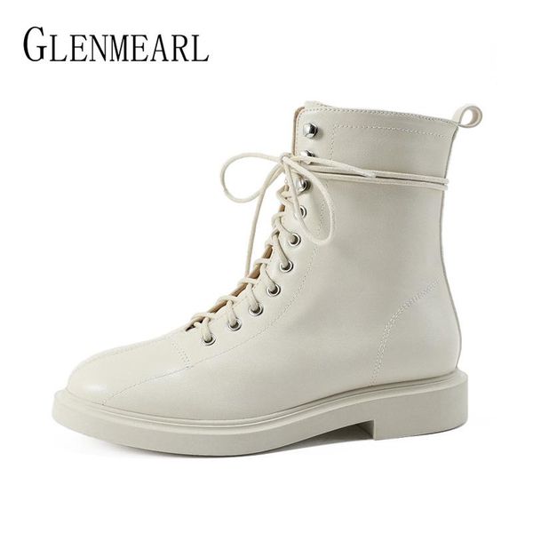 

boots platform women ankle shoes lace up leather comfortable flat heel brand waterproof female winter autumn, Black