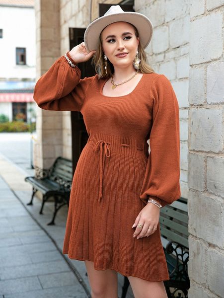 

simplee plus lantern sleeve belted sweater dress 62hk#, Black