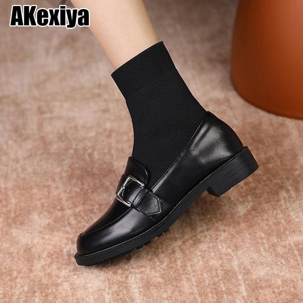 

boots women's 2021 autumn and winter fashion low-heeled leather shoes stitching elastic thin bc1489, Black