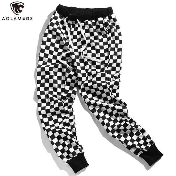 

aolamegs pants men plaid checkerboard fleece thick trousers mens tactical elastic waist fashion joggers sweatpants 210715, Black