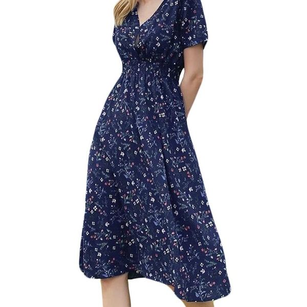 

casual dresses summer beach dress women floral print boho elastic waist v-neck party robe, Black;gray