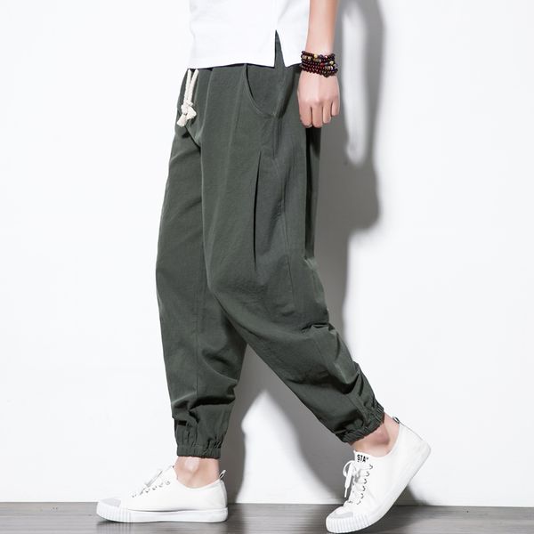 

2021 new linen men casual sweatpants elastic waist traditional chinese trousers hip hop les pantalons homme 2kwt, Black