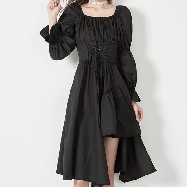 

casual dresses houzhou women's dress elegant vintage kawaii bandage long sleeve midi square collar gothic outfit spring autumn streetwe, Black;gray