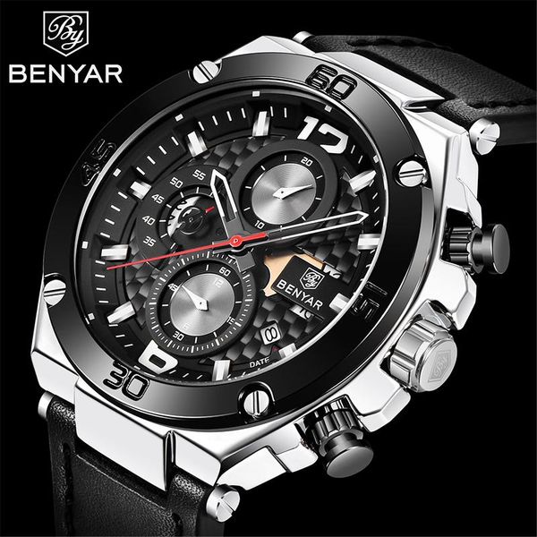 

wristwatches benyar luxury men's chronograph watches brand leather quartz watch military waterproof wristwatch montre homme reloj hombr, Slivery;brown