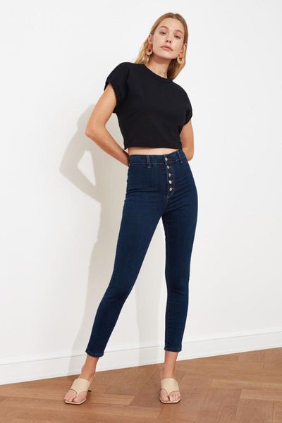

women's jeans dark blue front button jegging women 2021 fashion