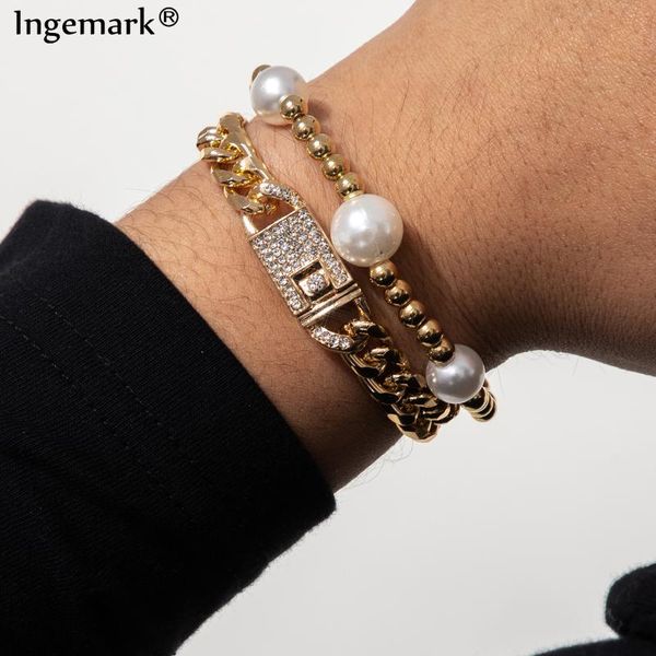 

2pcs/set hip hop cuban tennis chain bracelet bangle women men armband boho vintage pearl bead rhinestone link charm hand jewelry, Black