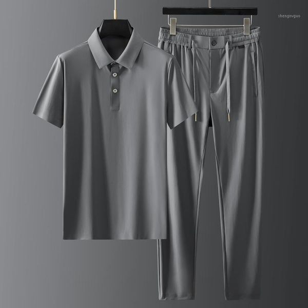

man summer thin male sets (t-shirt+pants) luxury short sleeve sport casual silky mens set fashion loose plus size 4xl men's tracksuits, Gray