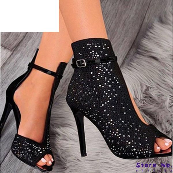 

2021 new women crystal sandals ankle straps buckle transparent cover heel pumps ladies sandals party shoes size 35-43, Black