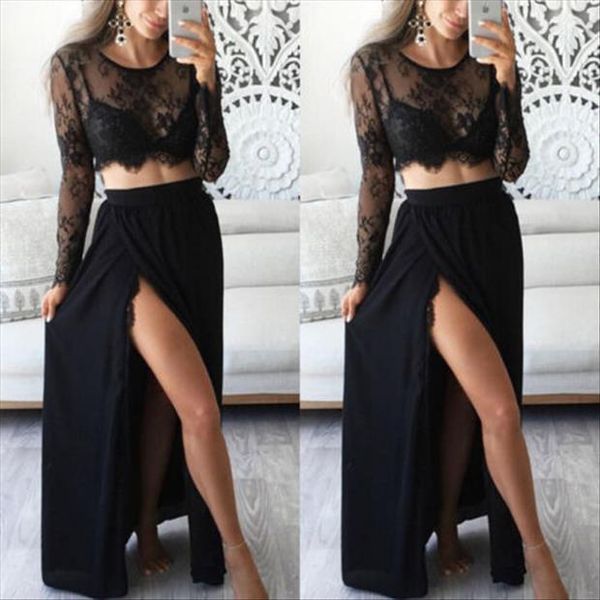 

2 pieces black lace long women tracksuits sleeves slit prom dress, Gray