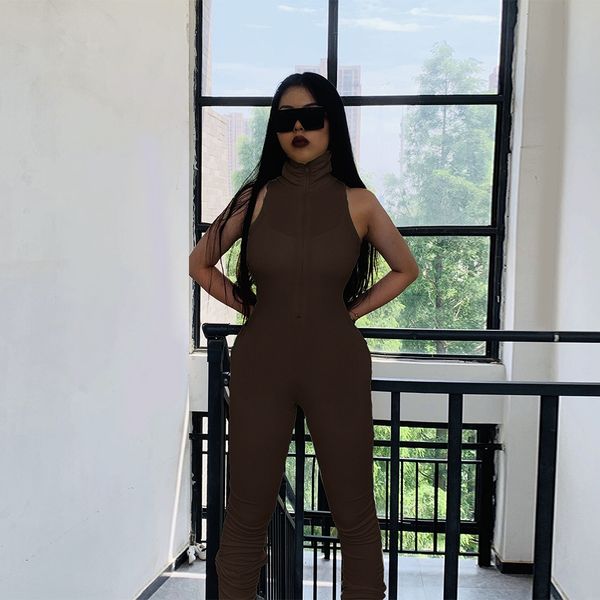 

2021 cotton ribbed jumpsuit turtleneck front zipper overalls solid fitness sleeveless romper women workout clothing, Black;white