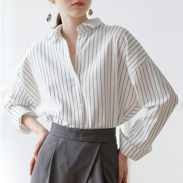 

women's blouses & shirts female streetwear blouse women striped shirt 2021 spring winter long sleeve casual loose oversize fashion clot, White
