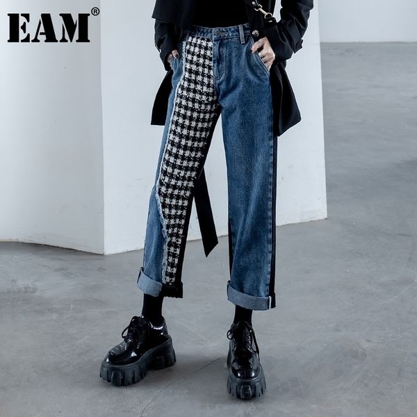 

[eam] blue balck plaid denim long wide leg jeans new high waist loose women trousers fashion tide spring autumn 2021 1db859 210302
