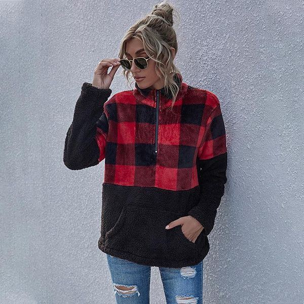 

women's jackets 2021 autumn and winter european american clothing zipper plaid furry coat long sleeve, Black;brown