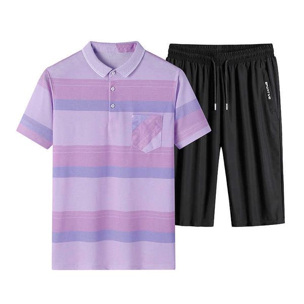 

men leisure suit summer basic striped polos shirts men's two piece suits, Gray