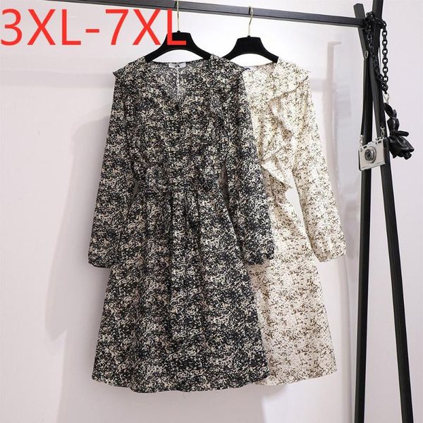 

plus size dresses missfansiqi 2021 autumn ladies for women large loose long sleeve floral print belt dress 3xl 4xl 5xl 6xl, Black