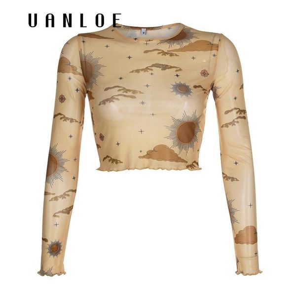 

women's t-shirt weekeep sheer mesh long sleeve t-shirts summer fashion sun moon print ins vintage o-neck crop, White