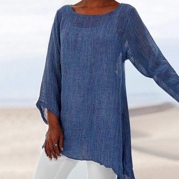 

women's blouses & shirts ladies blouse plus size solid color linen o-neck long sleeve irregular shirt women and, White