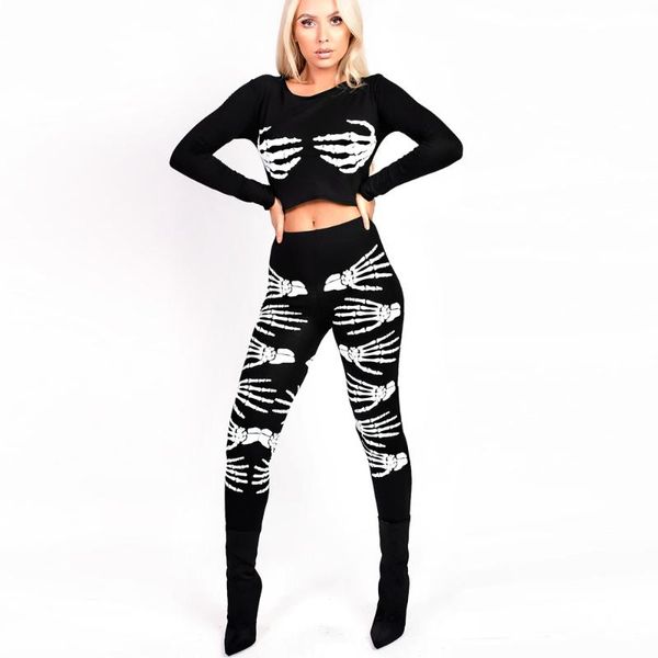 

women's two piece pants explosive plus size trendy nightclub knit long-sleeve slim suit printed halloween dress up, White