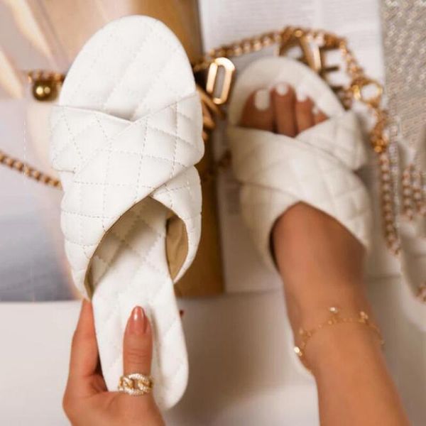 

luxury women slippers home solid pu leather handmade sewing flats cross-tied fashion indoor slides casual shoes ladies female, Black