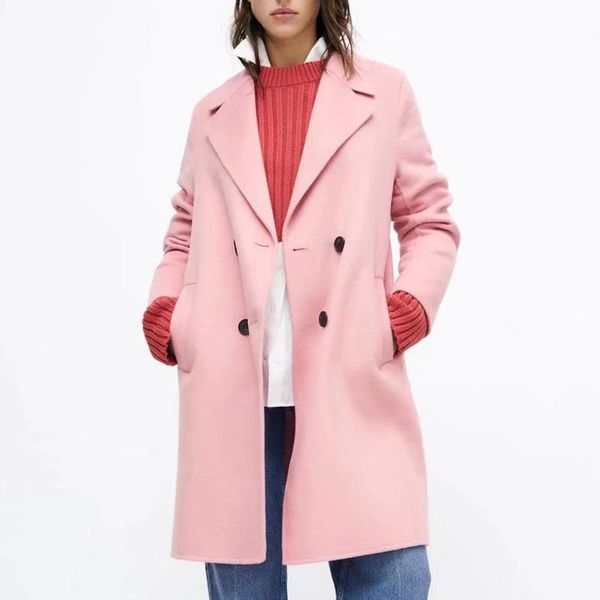 

women's wool & blends women autumn winter vintage long woolen coats 2021 sleeve pockets warm double breasted overcoat solid notched str, Black