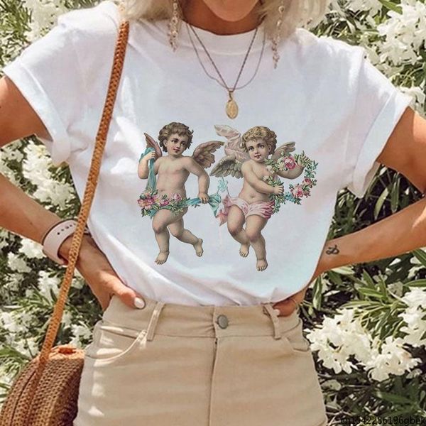 

women's t-shirt lovely angel printed short sleeve casual women summer fashion o-neck female ladies graphic, White