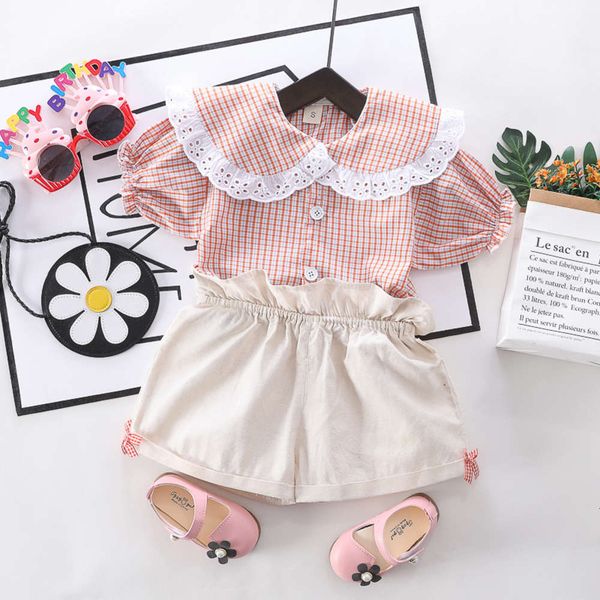 

ruffle girls' summer short mini fresh lantern plaid sleeve + shorts children's suit