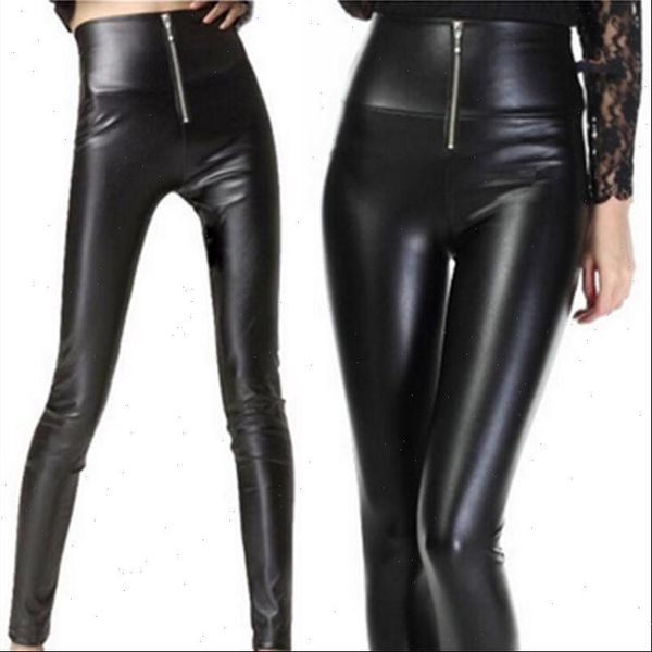 

spring pu leather legging for women high waist leggings with zip 2021 solid black streetpants skinny pants p8732