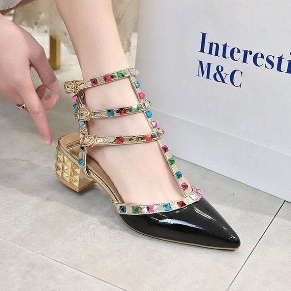 

women sandals solid buckle strap patent leather rivet 5cm high heels ladies shoes casual party summer female office pumps, Black